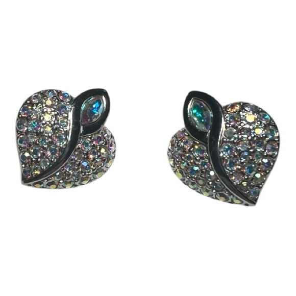 Vintage Jewelry - True Vintage 1950s Aurora Borealis Rhinestone Heart Clip-On Earrings Silver Tone